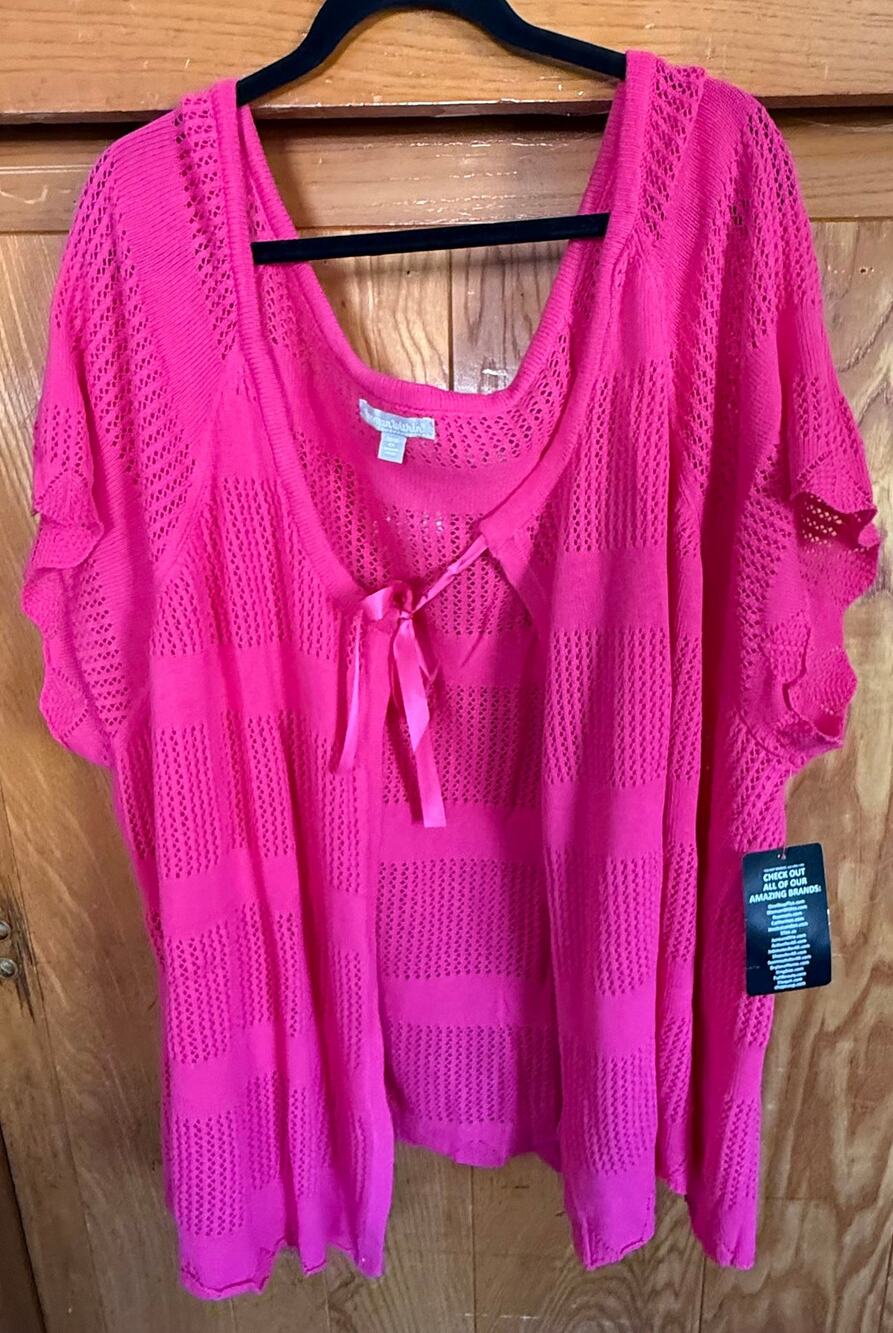 Woman Within Tie-Neck Pointelle Short Sleeve Cardigan Sweater